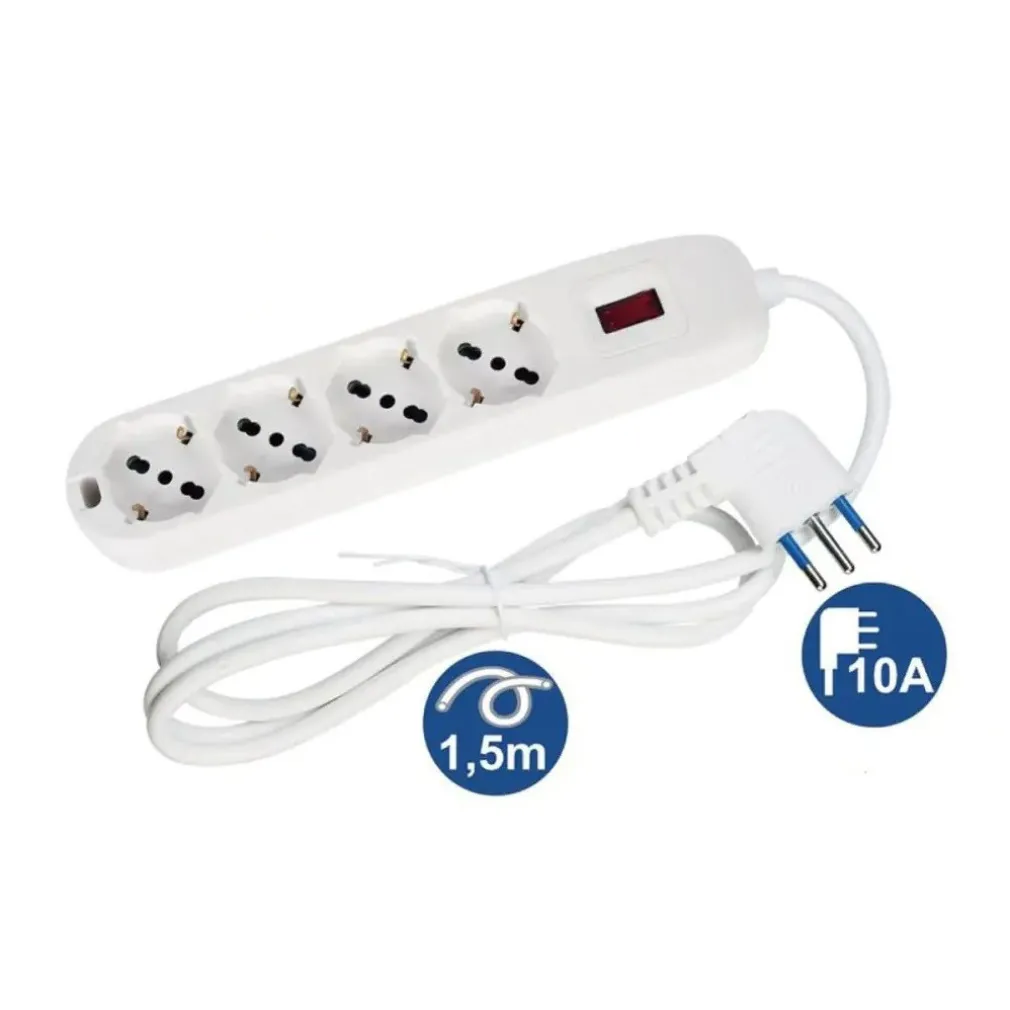 MULTIPRESA CIABATTA 4 USCITE UNIVERSALI SPINA 10A CAVO 1.5 METRI BIANCO 80184N