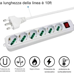 MULTIPRESA CIABATTA ELETTRICA A 6 POSTI CON PROTEZIONE SOVRACCARICO 250V 2500W
