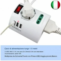 MULTIPRESA ELETTRICA DA SCRIVANIA TAVOLO CON 3 PRESA 3 USB BIANCO SHUKO BIPASSO