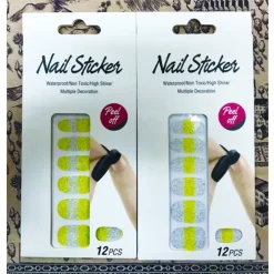 NAIL ART STICKERS GIALLO ARGENTO GLITTER 12 DECORAZIONI ADESIVA PEEL OFF UNGHIE