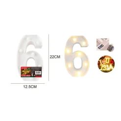 NUMERO 6 LUMINOSO CON LUCI LED A BATTERIA DECORAZIONI PER LA CASA DIM. 22 CM