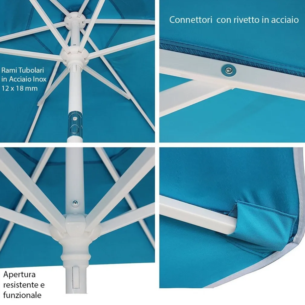 OMBRELLONE MARE SPIAGGIA GIARDINO ACCIAIO INOX GRANDE 210CM AZZURRO CON CUSTODIA