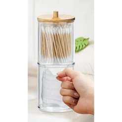 ORGANIZER 2 PIANI PORTA COTTON FIOC DISCHETTI STRUCCANTI TRASPARENTE COPERCHIO LEGNO 10823