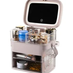 ORGANIZER BEAUTY CASE PORTA TRUCCO ACCESSORI GIOIELLI CON SPECCHIO LED CASSETTI