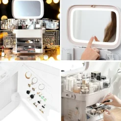 ORGANIZER BEAUTY CASE PORTA TRUCCO ACCESSORI GIOIELLI CON SPECCHIO LED CASSETTI
