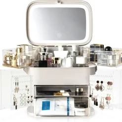 ORGANIZER BEAUTY CASE PORTA TRUCCO ACCESSORI GIOIELLI CON SPECCHIO LED CASSETTI