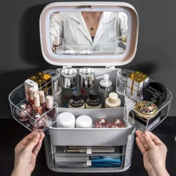 ORGANIZER BEAUTY CASE PORTA TRUCCO ACCESSORI GIOIELLI CON SPECCHIO LED CASSETTI