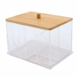 ORGANIZER PER COSMETICI TOELETTA A SCOMPARTI TRASPARENTE CON COPERCHIO IN LEGNO 10825