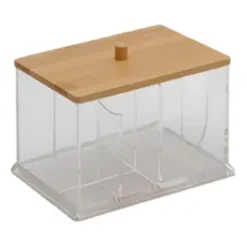 ORGANIZER PER COSMETICI TOELETTA A SCOMPARTI TRASPARENTE CON COPERCHIO IN LEGNO 10825