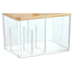 ORGANIZER PER COSMETICI TOELETTA A SCOMPARTI TRASPARENTE CON COPERCHIO IN LEGNO 10825