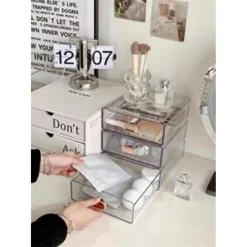 ORGANIZER PORTA TRUCCHI DA SCRIVANIA IN ACRILICO TRASPARENTE CON CASSETTI IMPILABILE