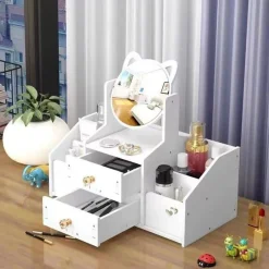 ORGANIZER TRUCCHI MULTIFUNZIONE CON SPECCHIO CASSETTI PER COSMETICI TOELETTA BAGNO CAMERA