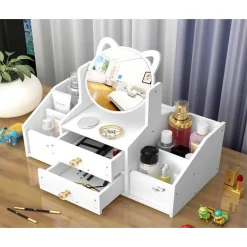 ORGANIZER TRUCCHI MULTIFUNZIONE CON SPECCHIO CASSETTI PER COSMETICI TOELETTA BAGNO CAMERA