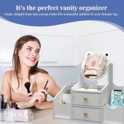 ORGANIZER TRUCCHI MULTIFUNZIONE CON SPECCHIO CASSETTI PER COSMETICI TOELETTA BAGNO CAMERA