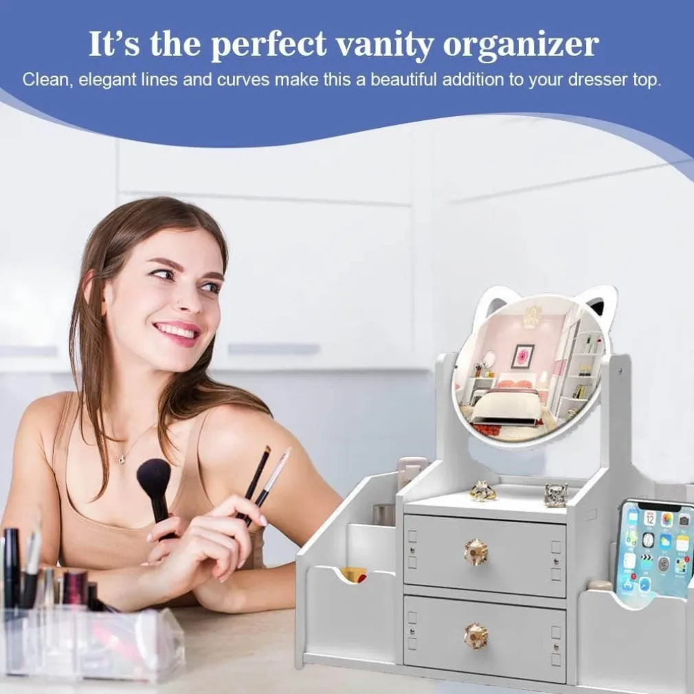 ORGANIZER TRUCCHI MULTIFUNZIONE CON SPECCHIO CASSETTI PER COSMETICI TOELETTA BAGNO CAMERA