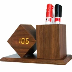 OROLOGIO A LED SVEGLIA DA TAVOLO IN LEGNO CON PORTAPENNE INCORPORATO