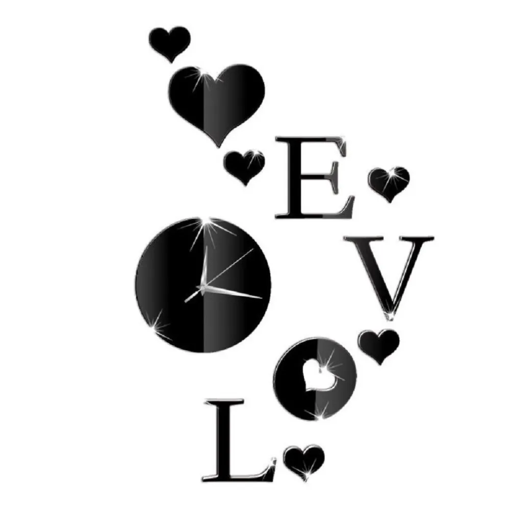 OROLOGIO ADESIVO A PARETE 3D CON DECORAZIONI CUORE E SCRITTA LOVE EFFETTO SPECCHIO