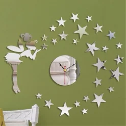 OROLOGIO ADESIVO FATA STELLE 3D EFFETTO SPECCHIO DA PARETE CASA MODERNA DECORAZIONE