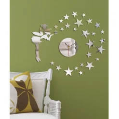 OROLOGIO ADESIVO FATA STELLE 3D EFFETTO SPECCHIO DA PARETE CASA MODERNA DECORAZIONE