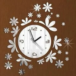 OROLOGIO DA PARETE MODERNO ADESIVO 3D CON FIORI ERBA A MURO EFFETTO SPECCHIO