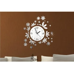 OROLOGIO DA PARETE MODERNO ADESIVO 3D CON FIORI ERBA A MURO EFFETTO SPECCHIO