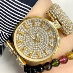 OROLOGIO DA POLSO DONNA ACCIAIO ANALOGICO MODA FASHION BRILLANTINI STRASS DORATO