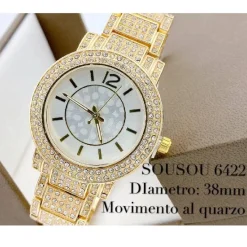 OROLOGIO DA POLSO SOUSOU 6422 QUARZO BRILLANTINI ANALOGICO DORATO FONDO BIANCO