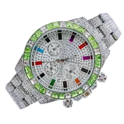 OROLOGIO DA POLSO UNISEX QUARZO ACCIAIO DATA DIAMOND STRASS SILVER GHIERA VERDE
