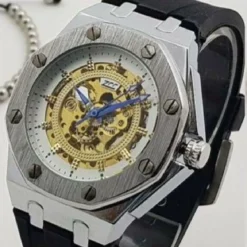 OROLOGIO DA POLSO ZCC 4407 UOMO AUTOMATICO ELEGANTE SILVER BIANCO CINTURINO NERO