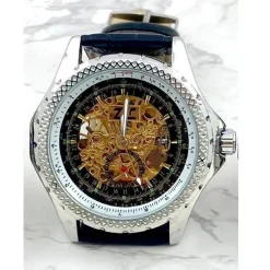 OROLOGIO DA POLSO ZCC PER UOMO MOVIMENTO AUTOMATICO CINTURINO PELLE NERA NERO