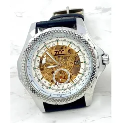 OROLOGIO DA POLSO ZCC PER UOMO MOVIMENTO AUTOMATICO CINTURINO PELLE NERA BIANCO