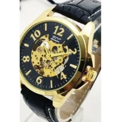 OROLOGIO DA POLSO ZCC UOMO AUTOMATICO CINTURINO PELLE MODA CASUAL DORATO NERO