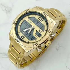 OROLOGIO DA POLSO ZCC UOMO ACCIAIO DUAL TIME RESISTENTE ALL'ACQUA WR 30M DORATO