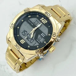 OROLOGIO DA POLSO ZCC UOMO IN ACCIAIO DUAL TIME RESISTENTE ALL'ACQUA DORATO NERO