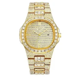 OROLOGIO POLSO DONNA ACCIAIO MODA BRILLANTINI STRASS CALENDARIO ANALOGICO DORATO