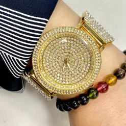 OROLOGIO POLSO DONNA ACCIAIO MODA FASHION BRILLANTINI ELEGANTE ANALOGICO DORATO