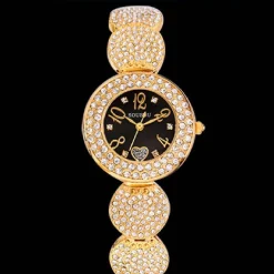 OROLOGIO POLSO SOUSOU S6097 DONNA CUORE BRILLANTINI MOVIMENTO QUARZO DORATO NERO