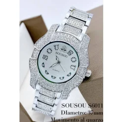 OROLOGIO POLSO SOUSOU S6011 QUARZO ACCIAIO MODA BRILLANTINI SILVER FONDO SILVER