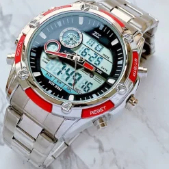 OROLOGIO POLSO UOMO ZCC ANALOGICO DIGITALE CRONOGRAFO MULTIFUNZIONE SILVER ROSSO