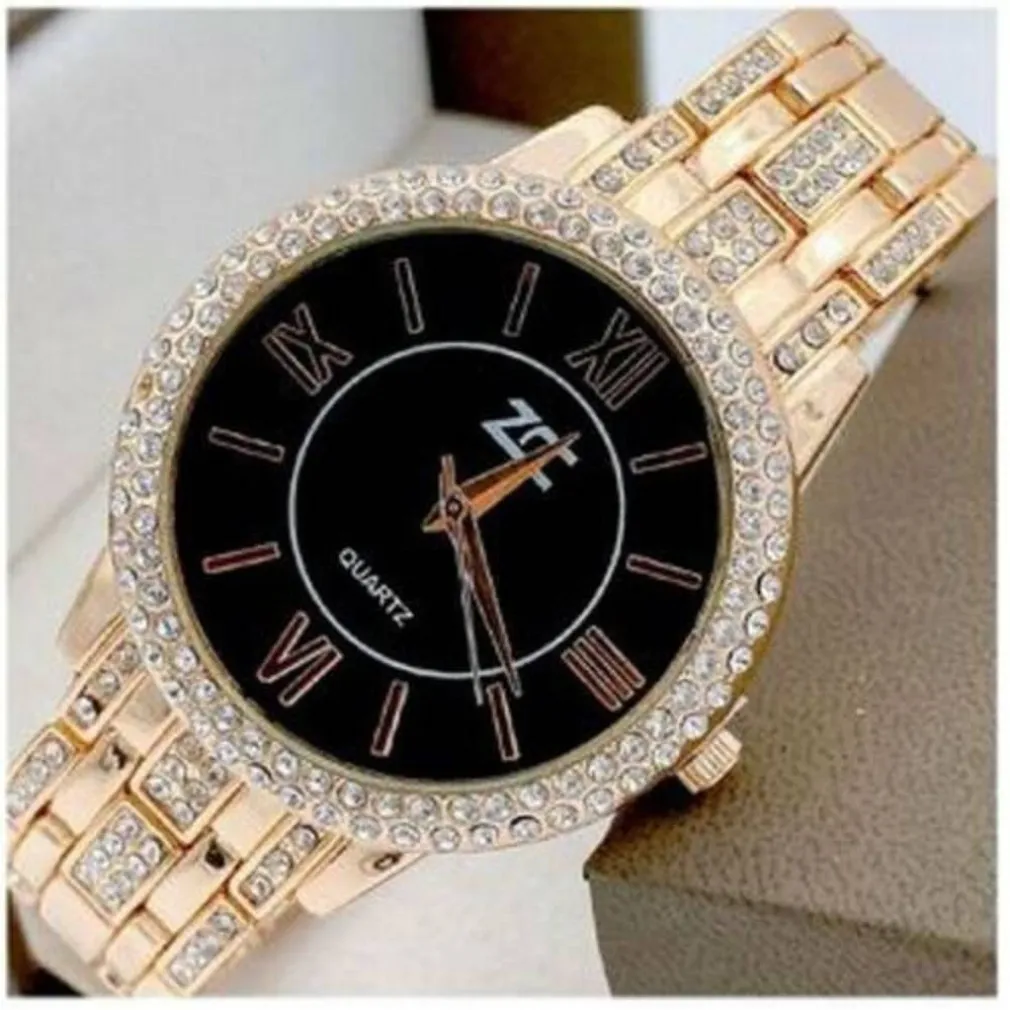 OROLOGIO POLSO ZCC 13 DONNA QUARZO ACCIAIO MODA BRILLANTINI ORO ROSA FONDO NERO