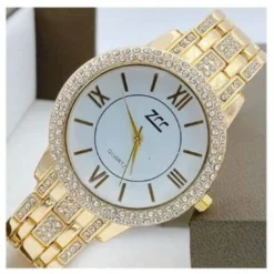 OROLOGIO POLSO ZCC 13 DONNA QUARZO ACCIAIO BRILLANTINI MODA DORATO FONDO BIANCO