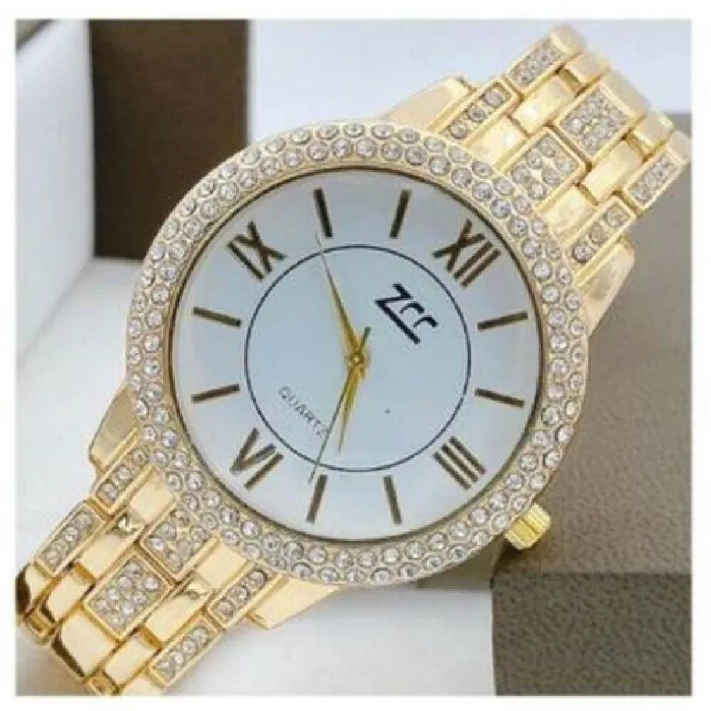 OROLOGIO POLSO ZCC 13 DONNA QUARZO ACCIAIO BRILLANTINI MODA DORATO FONDO BIANCO