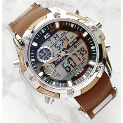 OROLOGIO POLSO ZCC 1313 UOMO QUARZO DUAL TIME MULTIFUNZIONE MARRONE NERO SILVER