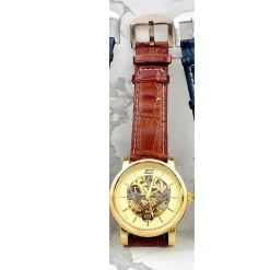 OROLOGIO POLSO ZCC BULL TRANSP UOMO AUTOMATICO CINTURINO PELLE MARRONE FONDO ORO