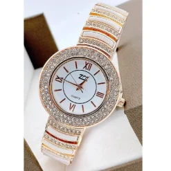 OROLOGIO POLSO ZCC DONNA QUARZO ACCIAIO ANALOGICO MODA BRILLANTINI ROSA BIANCO