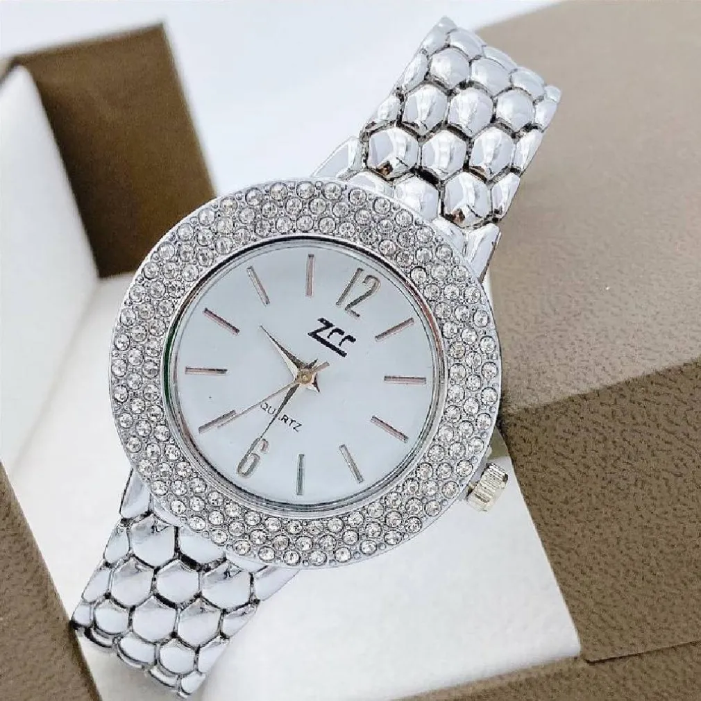 OROLOGIO POLSO ZCC DONNA QUARZO ACCIAIO MODA BRILLANTINI ANALOGICO SILVER BIANCO