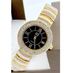 OROLOGIO POLSO ZCC DONNA QUARZO ACCIAIO ANALOGICO BRILLANTINI DORATO NERO BIANCO