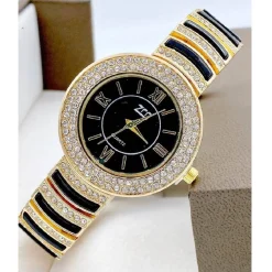 OROLOGIO POLSO ZCC DONNA QUARZO ACCIAIO ANALOGICO MODA BRILLANTINI DORATO NERO