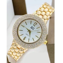 OROLOGIO POLSO ZCC DONNA QUARZO ACCIAIO MODA BRILLANTINI ANALOGICO DORATO BIANCO