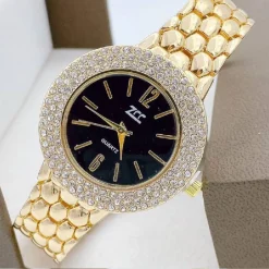 OROLOGIO POLSO ZCC DONNA QUARZO ACCIAIO MODA BRILLANTINI ANALOGICO DORATO NERO